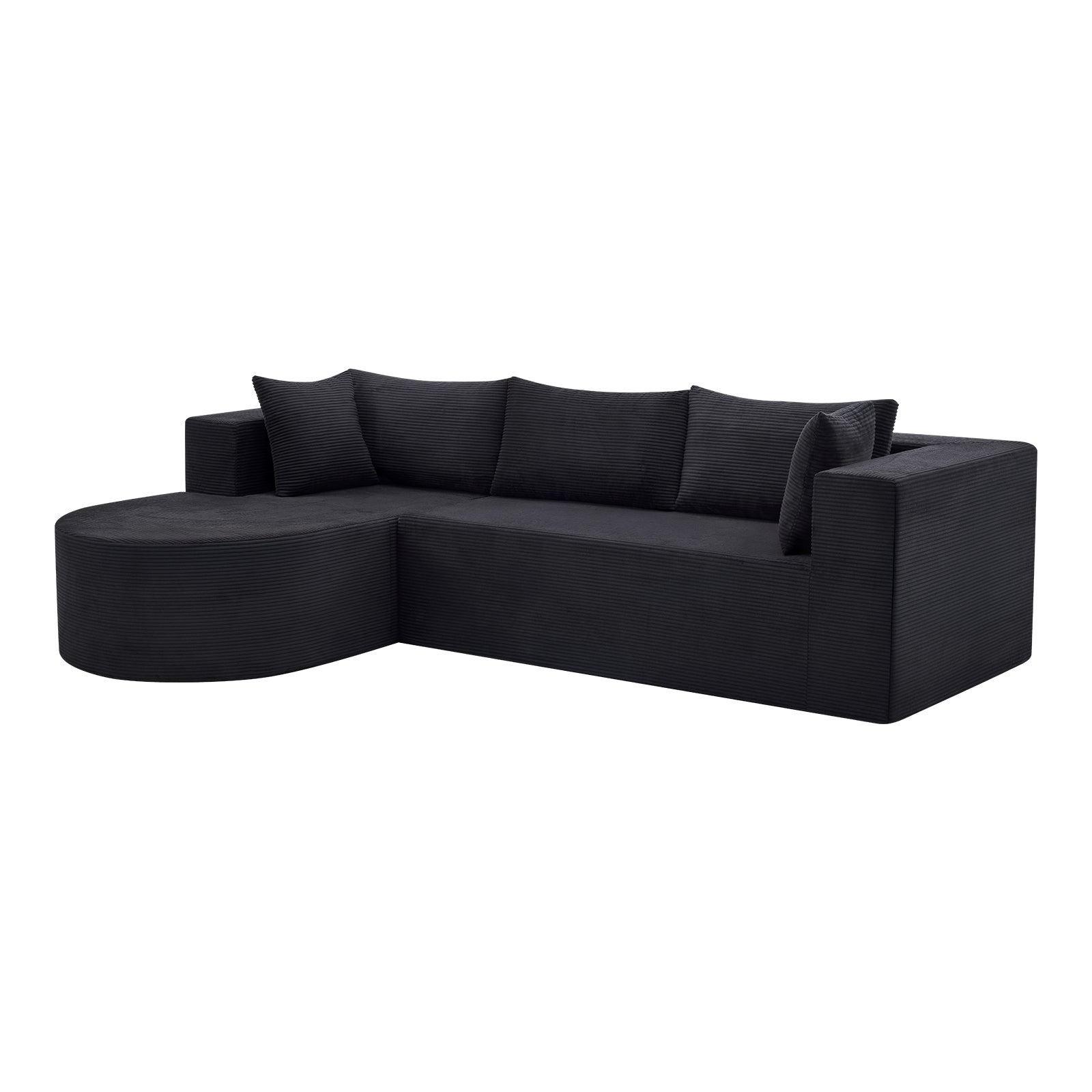 105" Black Corduroy Modular Left Rounded Chaise Style Sofa With Toss Pillows