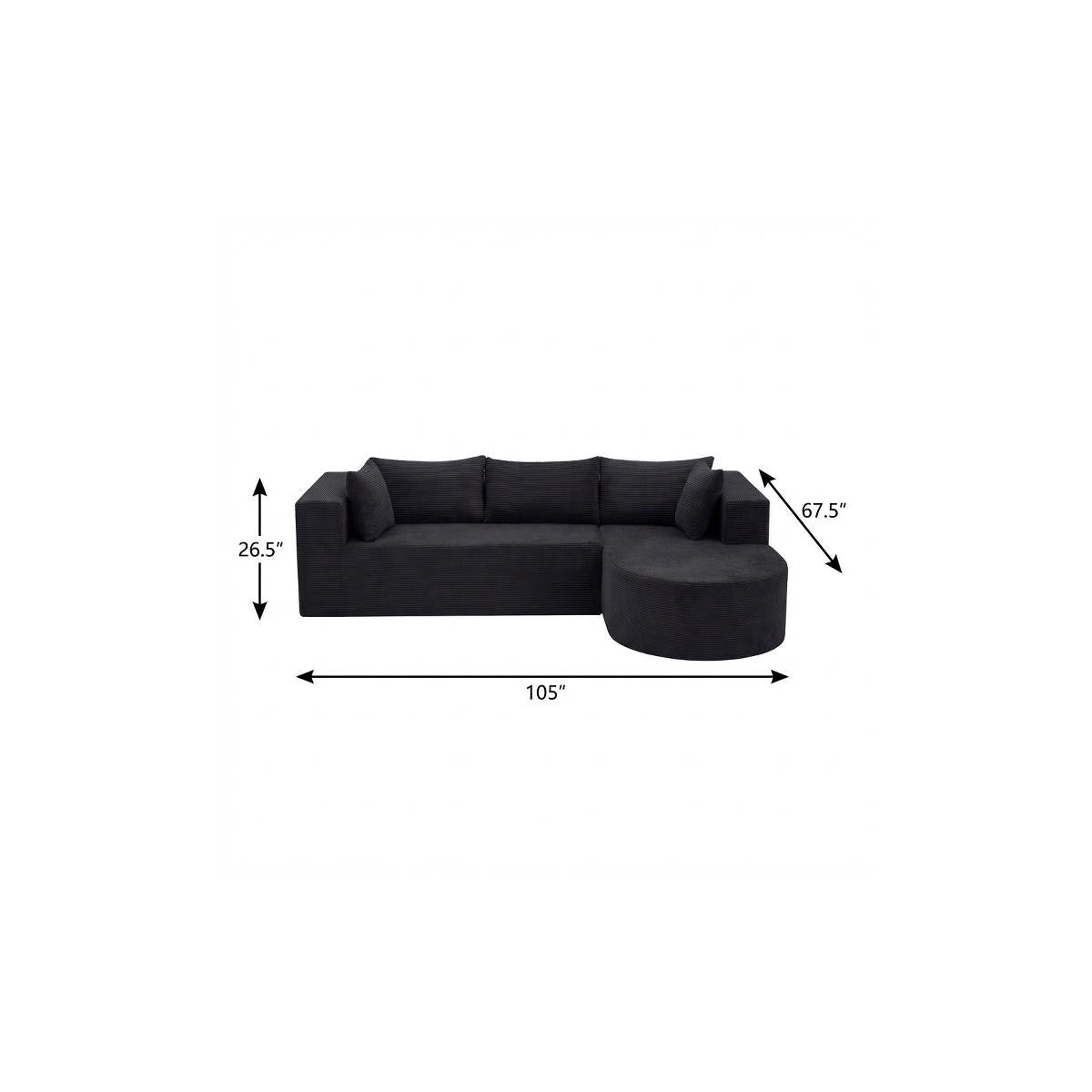 105" Black Corduroy Modular Right Rounded Chaise Style Sofa With Toss Pillows