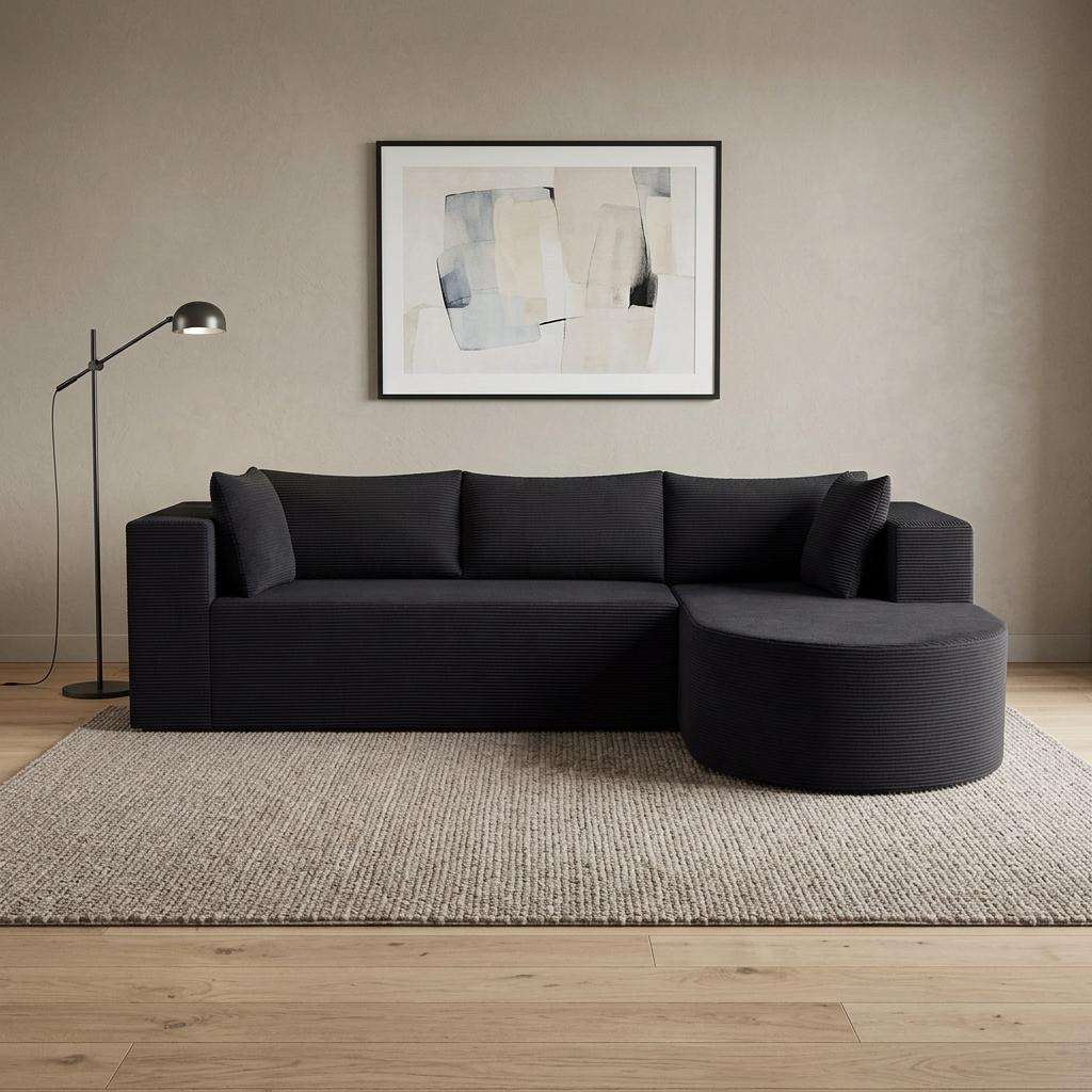 105" Black Corduroy Modular Right Rounded Chaise Style Sofa With Toss Pillows