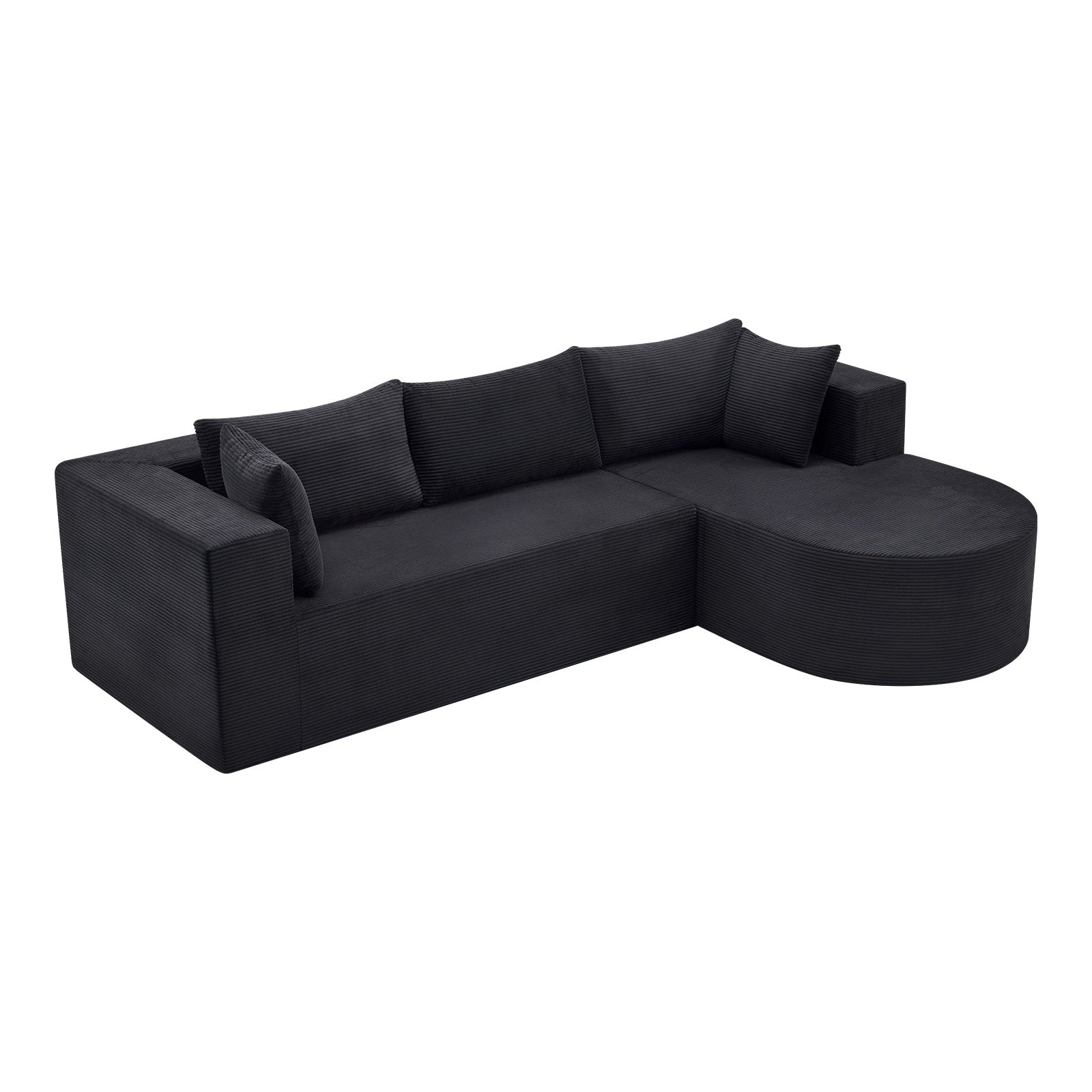 105" Black Corduroy Modular Right Rounded Chaise Style Sofa With Toss Pillows