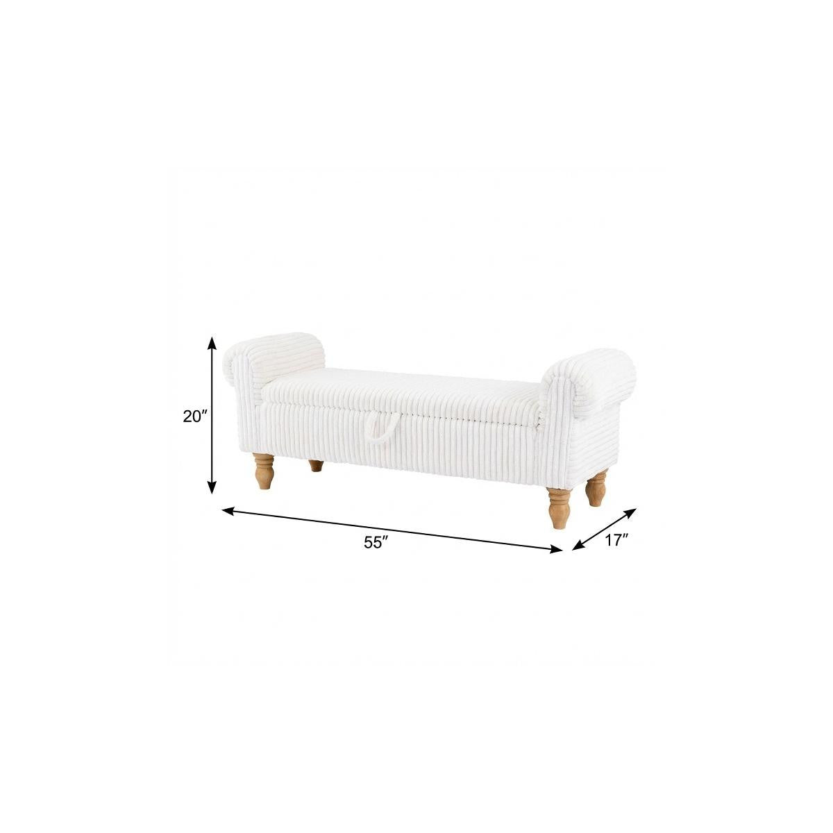 55" White and Brown Corduroy and Solid Wood Upholstered Storage Bench With Flip Top