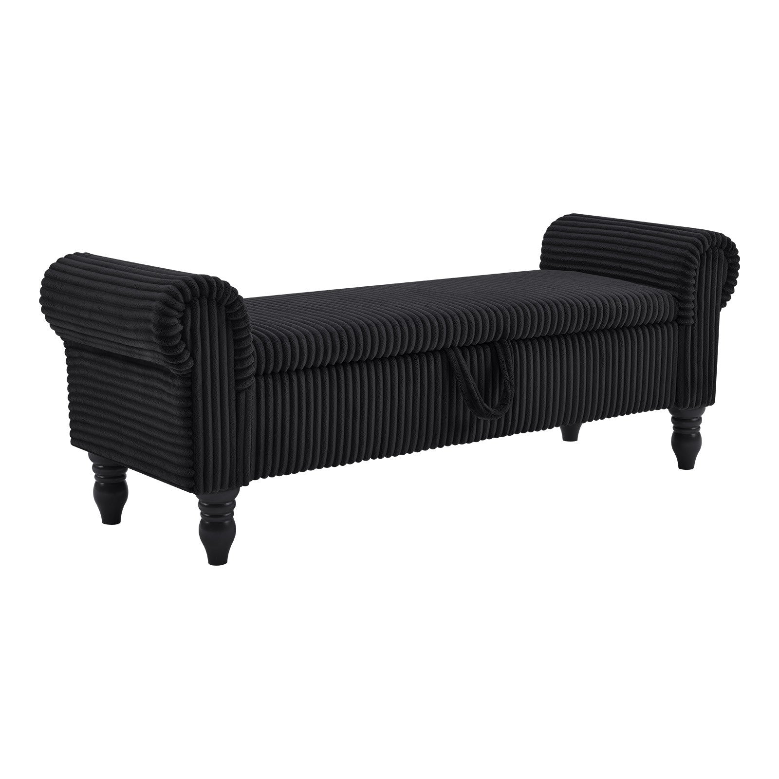 55" Black Corduroy and Solid Wood Upholstered Storage Bench With Flip Top