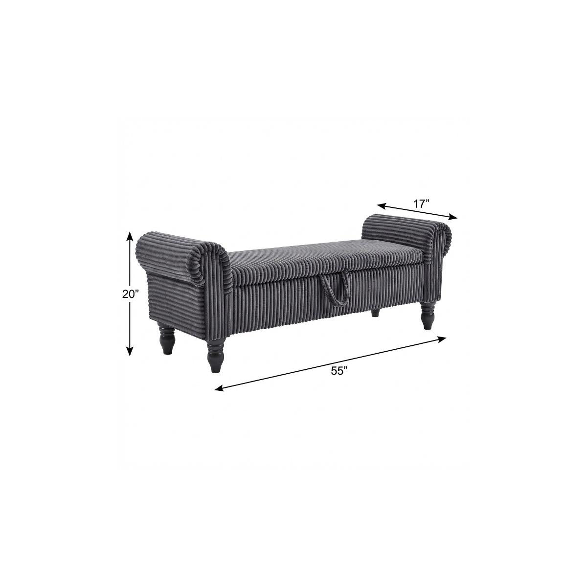 55" Dark Gray Corduroy and Solid Wood Upholstered Storage Bench With Flip Top