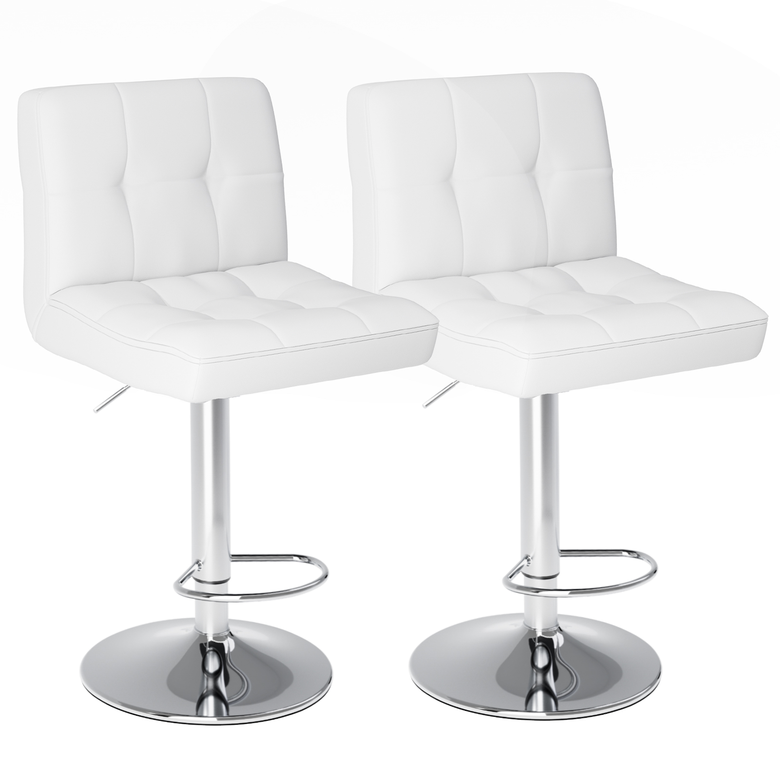Set of Two White and Silver Faux Leather and Aluminum Adjustable Height Swivel Bar Chairs
