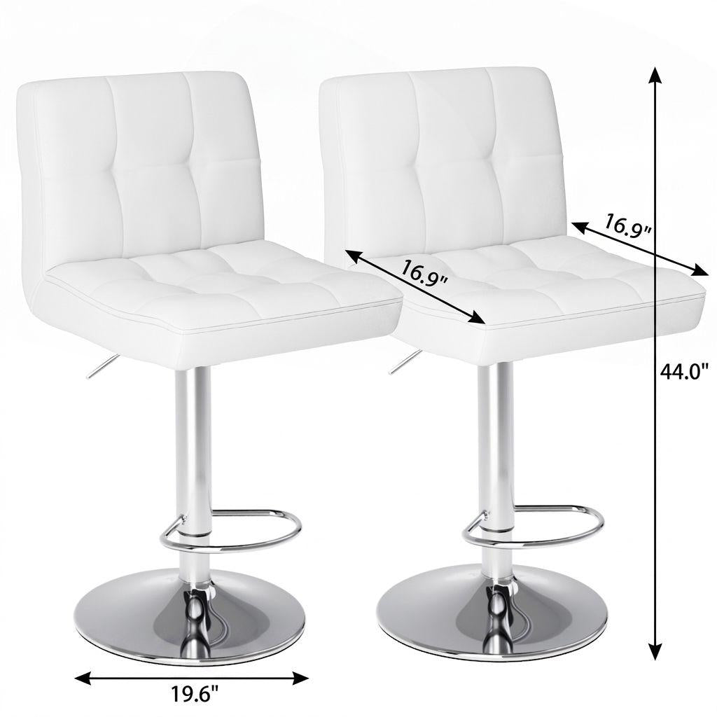 Set of Two White and Silver Faux Leather and Aluminum Adjustable Height Swivel Bar Chairs