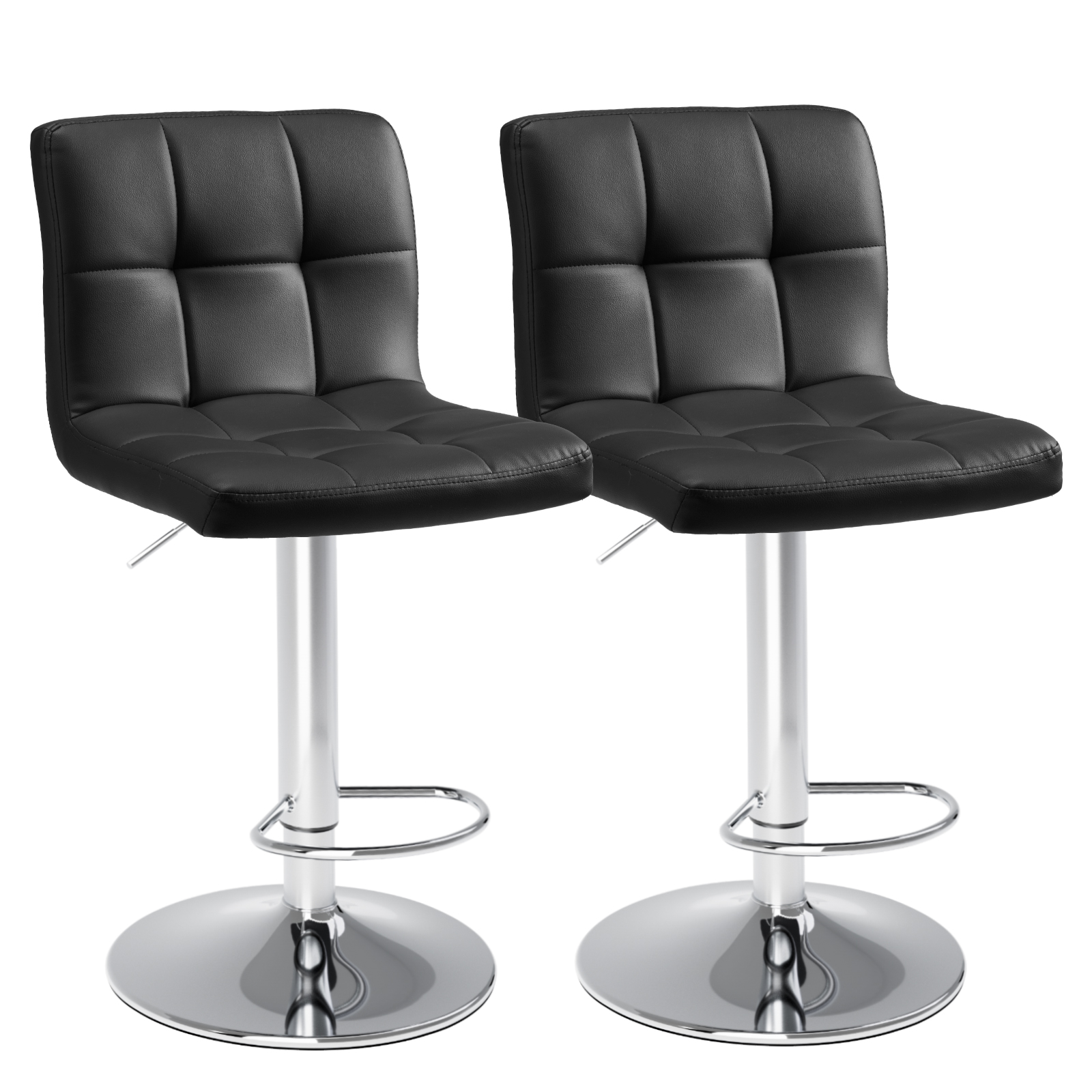 Set of Two Black and Silver Faux Leather and Aluminum Adjustable Height Swivel Bar Chairs
