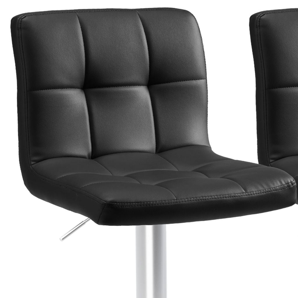 Set of Two Black and Silver Faux Leather and Aluminum Adjustable Height Swivel Bar Chairs