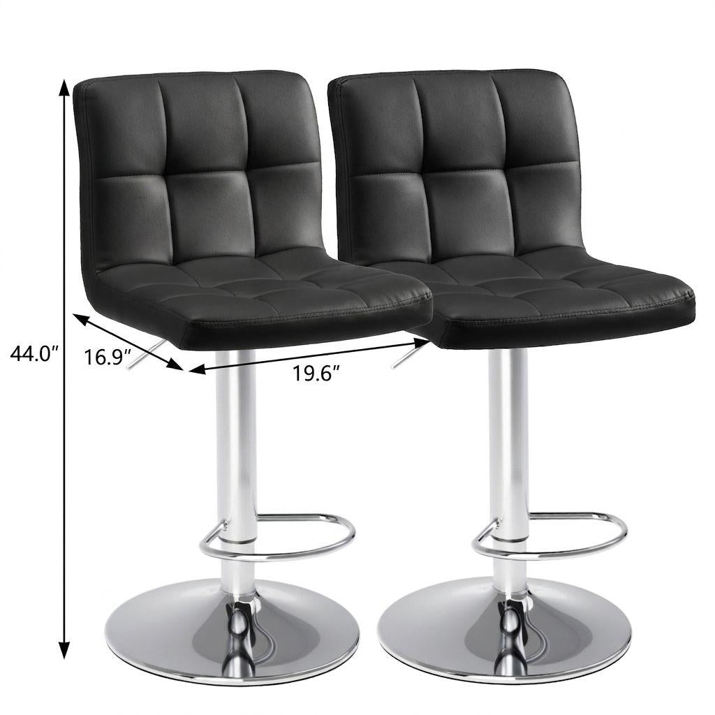 Set of Two Black and Silver Faux Leather and Aluminum Adjustable Height Swivel Bar Chairs
