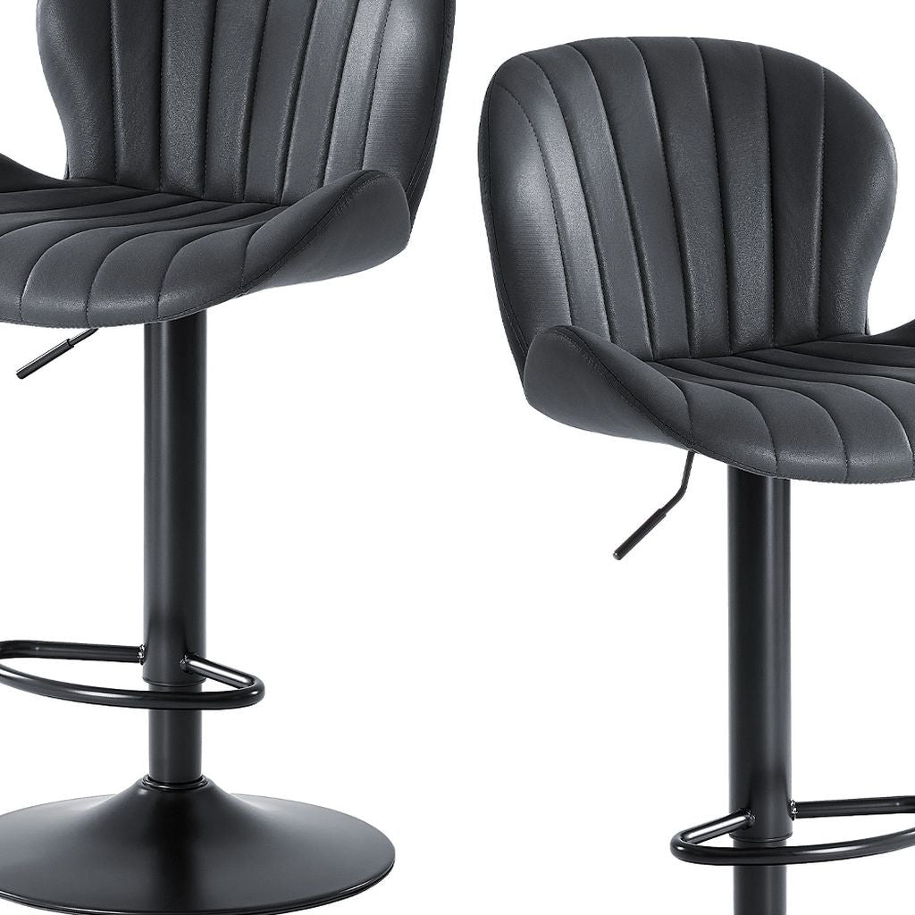 Set of Two Black Faux Leather and Aluminum Adjustable Height Swivel Bar Chairs