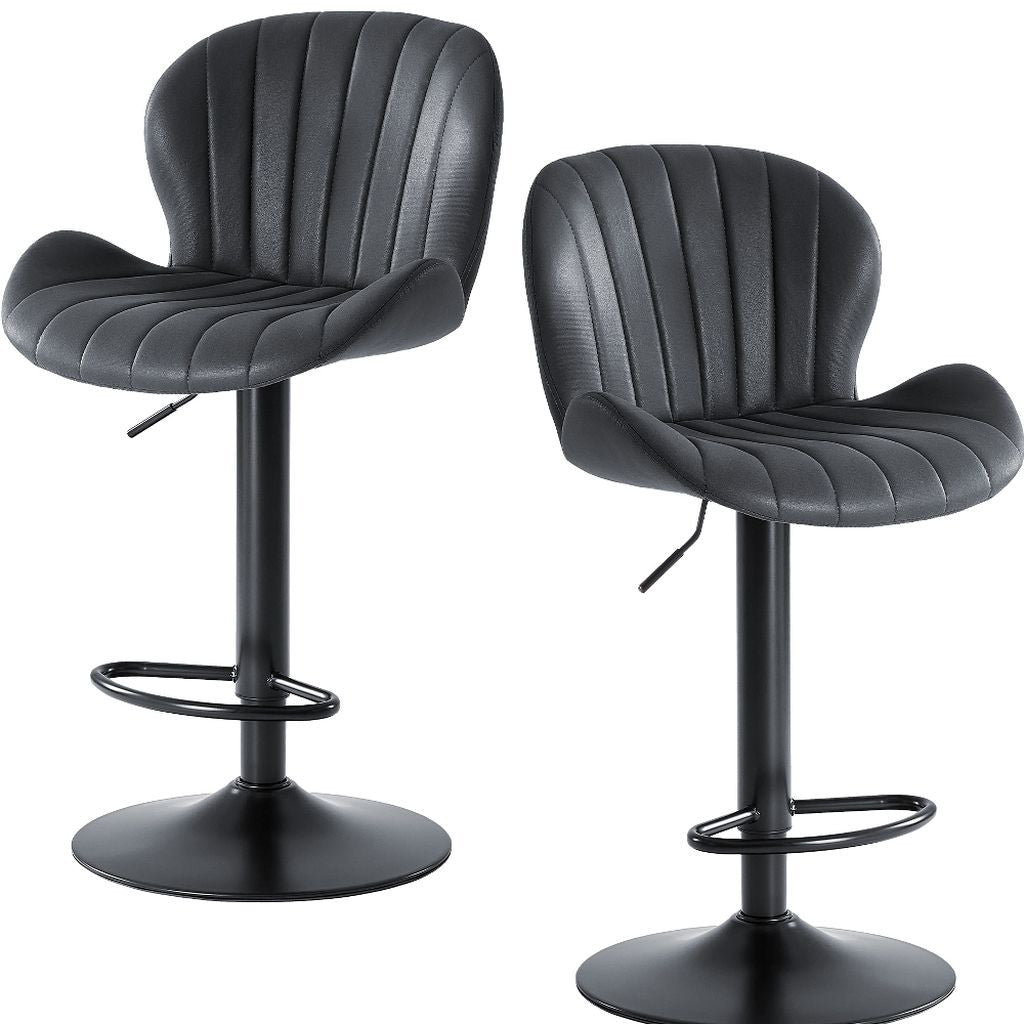Set of Two Black Faux Leather and Aluminum Adjustable Height Swivel Bar Chairs