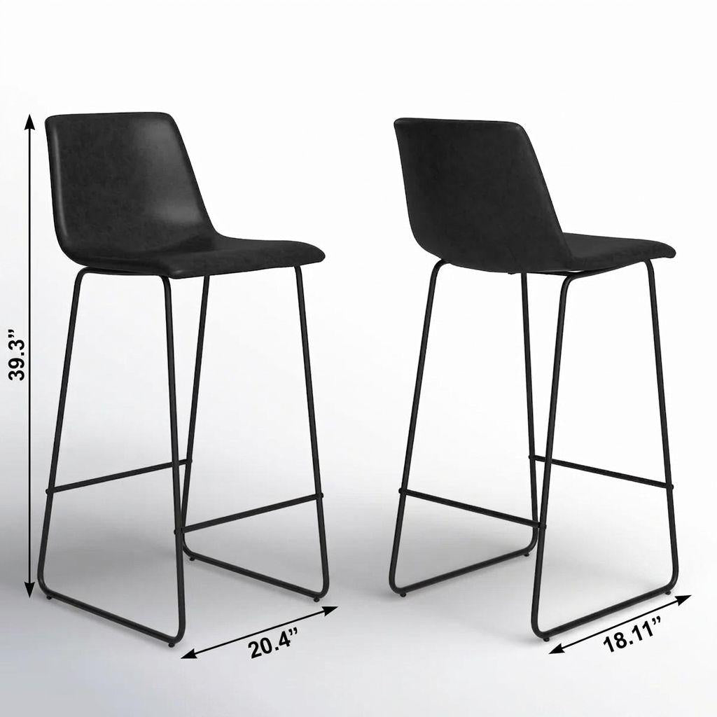 Set of Two 29" Black Faux Leather and Aluminum Bar Height Bar Chairs