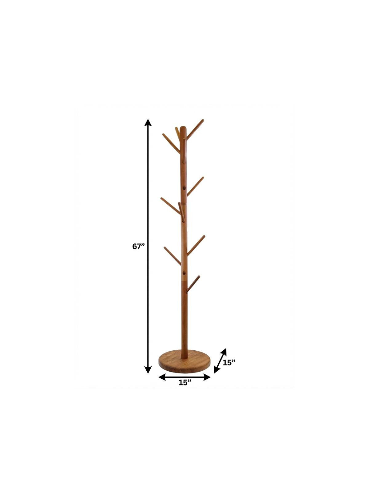 67" Brown Solid Wood Ten Hook Freestanding Coat Rack