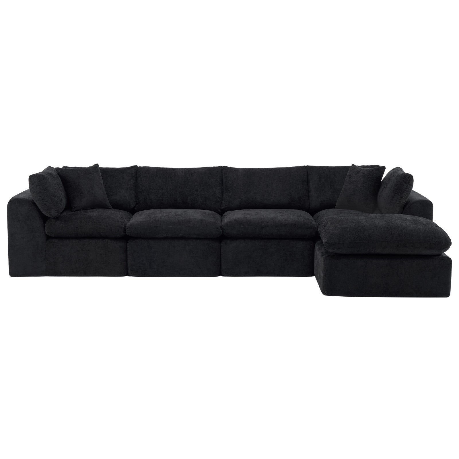 138" Black Chenille Modular Sofa With Ottoman And Toss Pillows