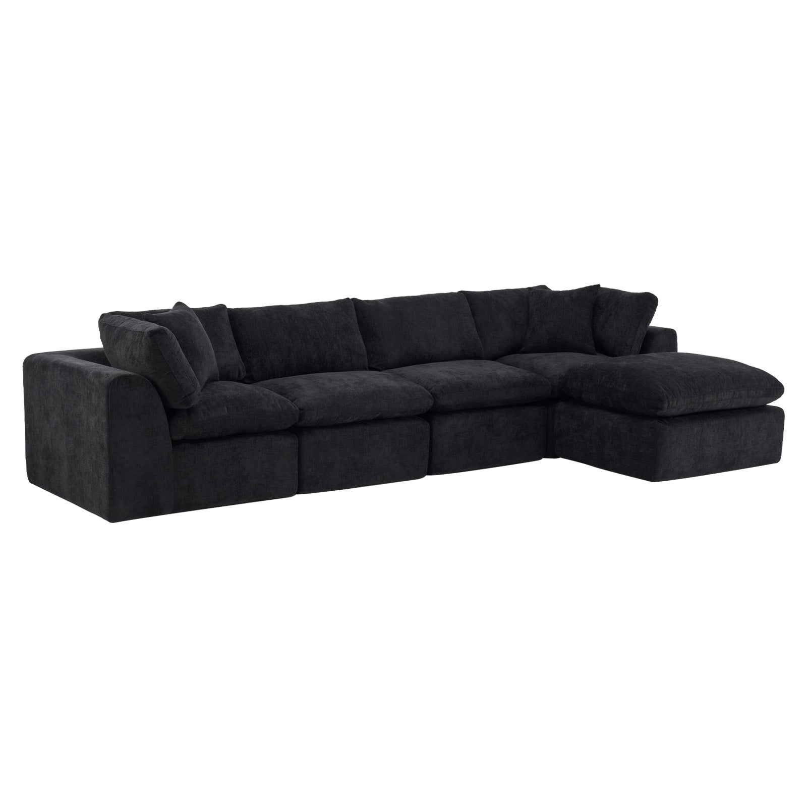 138" Black Chenille Modular Sofa With Ottoman And Toss Pillows