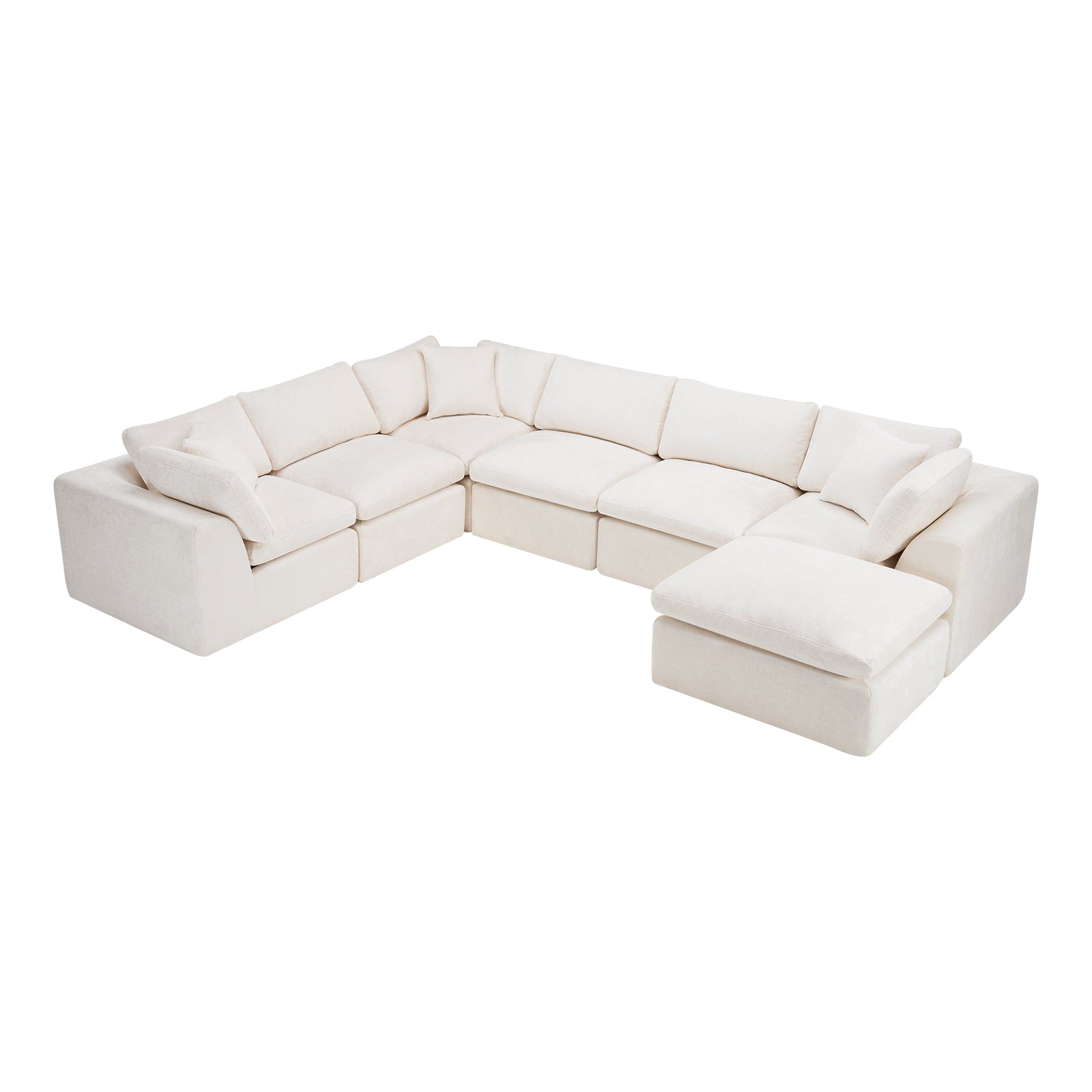 138" Beige Chenille Modular Sofa With Ottoman And Toss Pillows