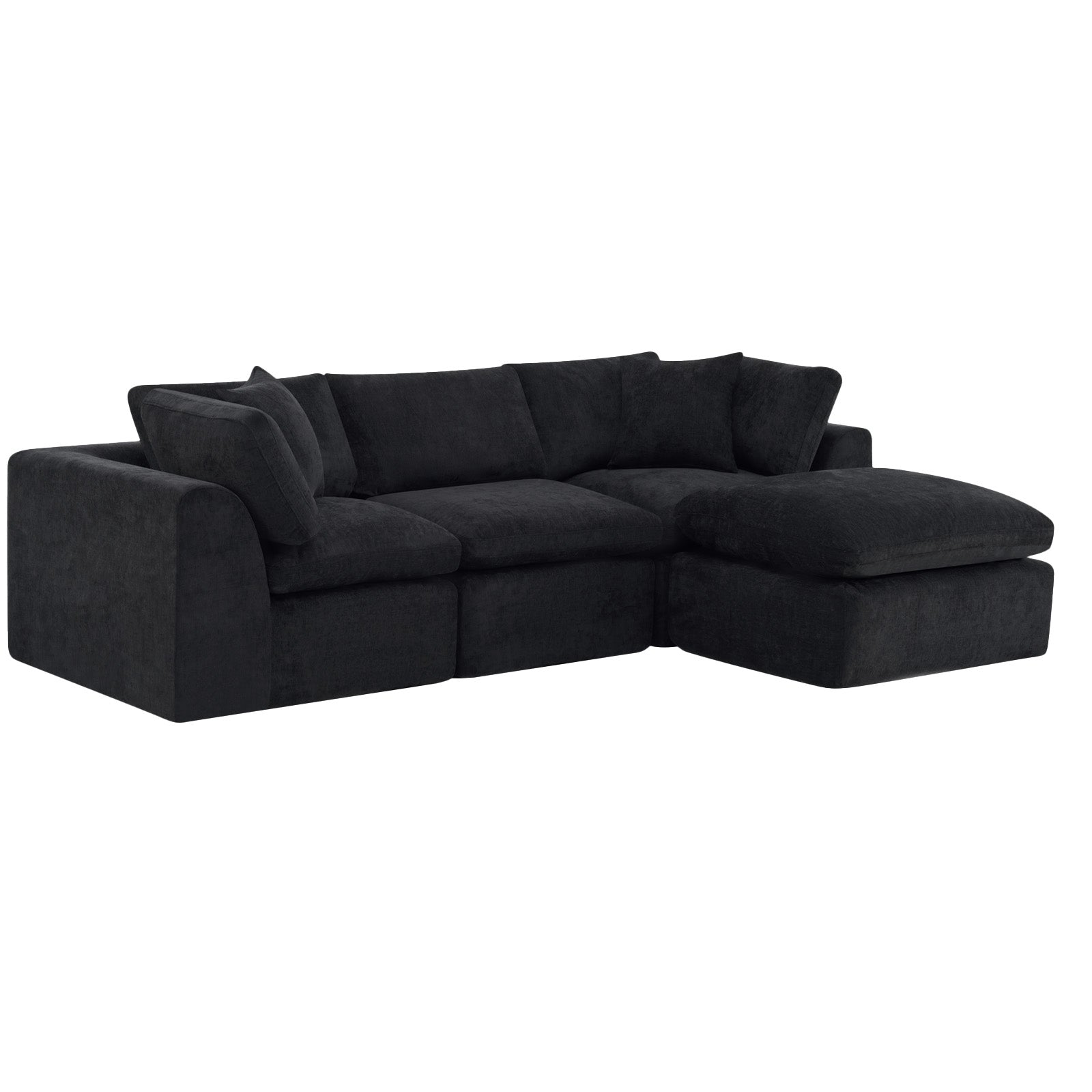 108" Black Chenille Modular Sofa With Ottoman And Toss Pillows