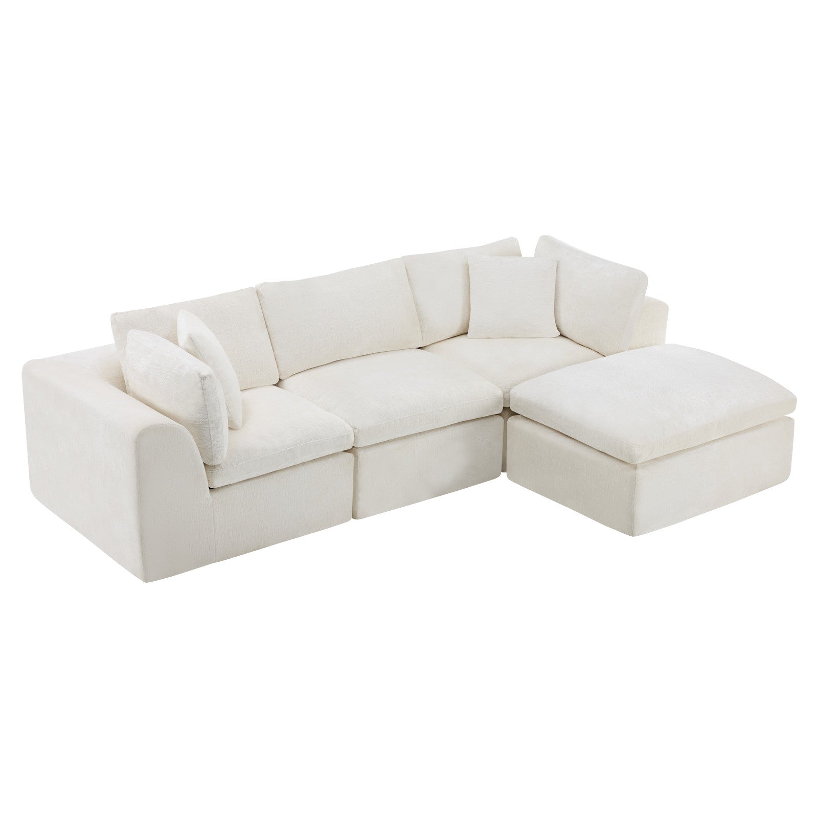 108" Beige Chenille Modular Sofa With Ottoman And Toss Pillows