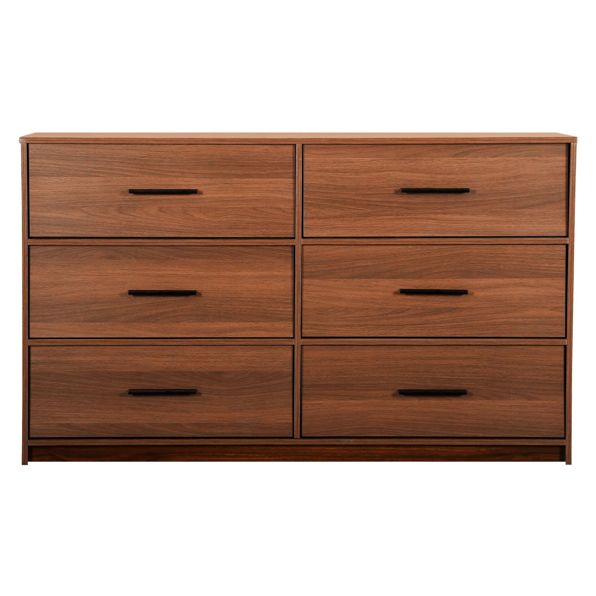 45" Walnut Fabric Wood and Steel Six Drawer Double Dresser