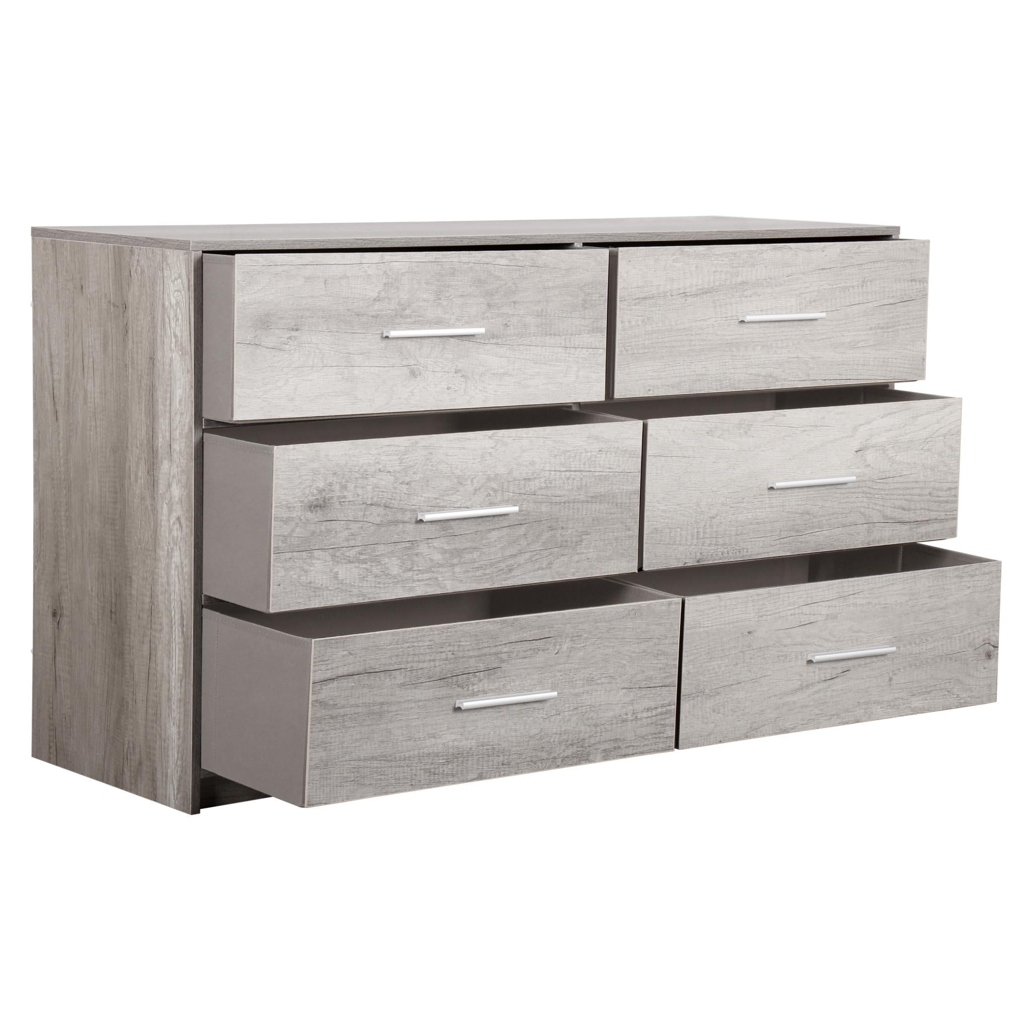 45" Gray Fabric Wood and Steel Six Drawer Double Dresser
