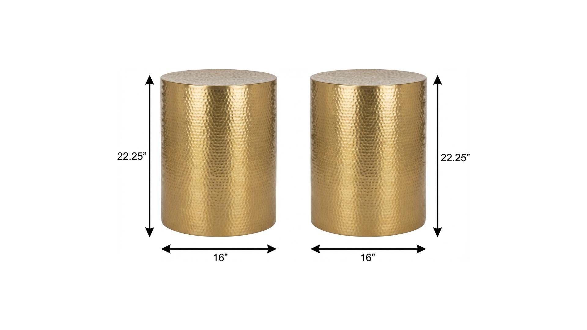 Set of Two Hammered Gold Iron Round Drum End Tables