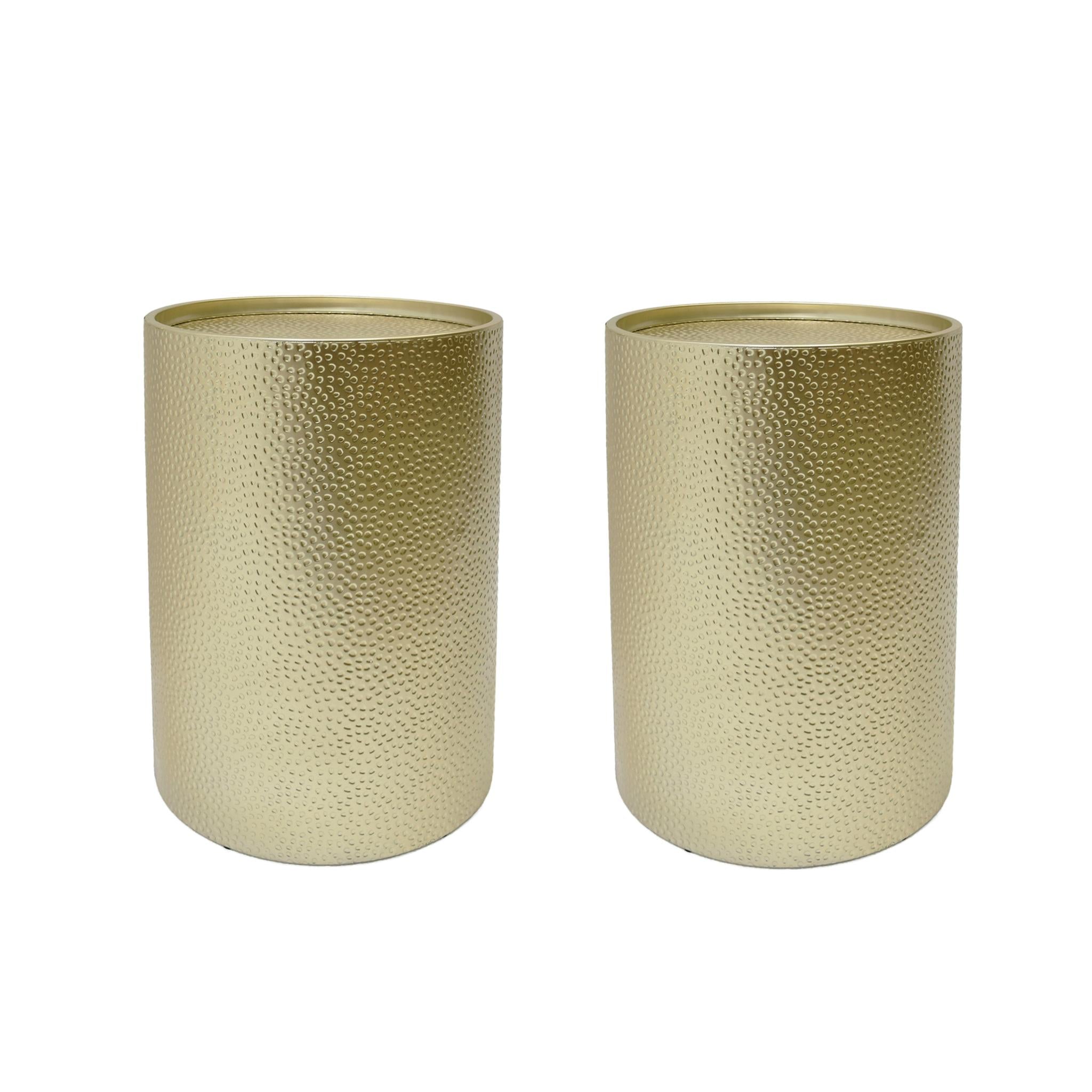 Set of Two Hammered Gold Iron Round Drum End Tables