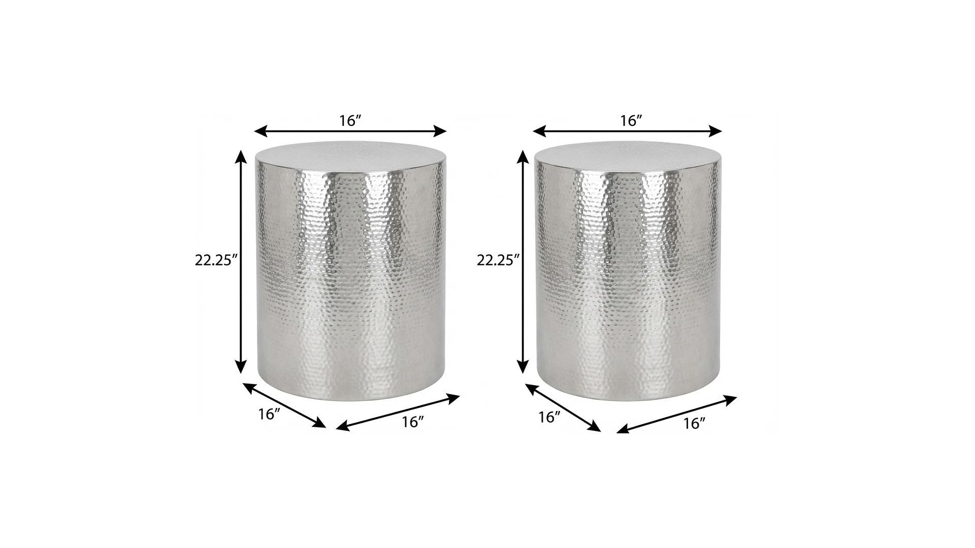 Set of Two Hammered Silver Iron Round Drum End Tables