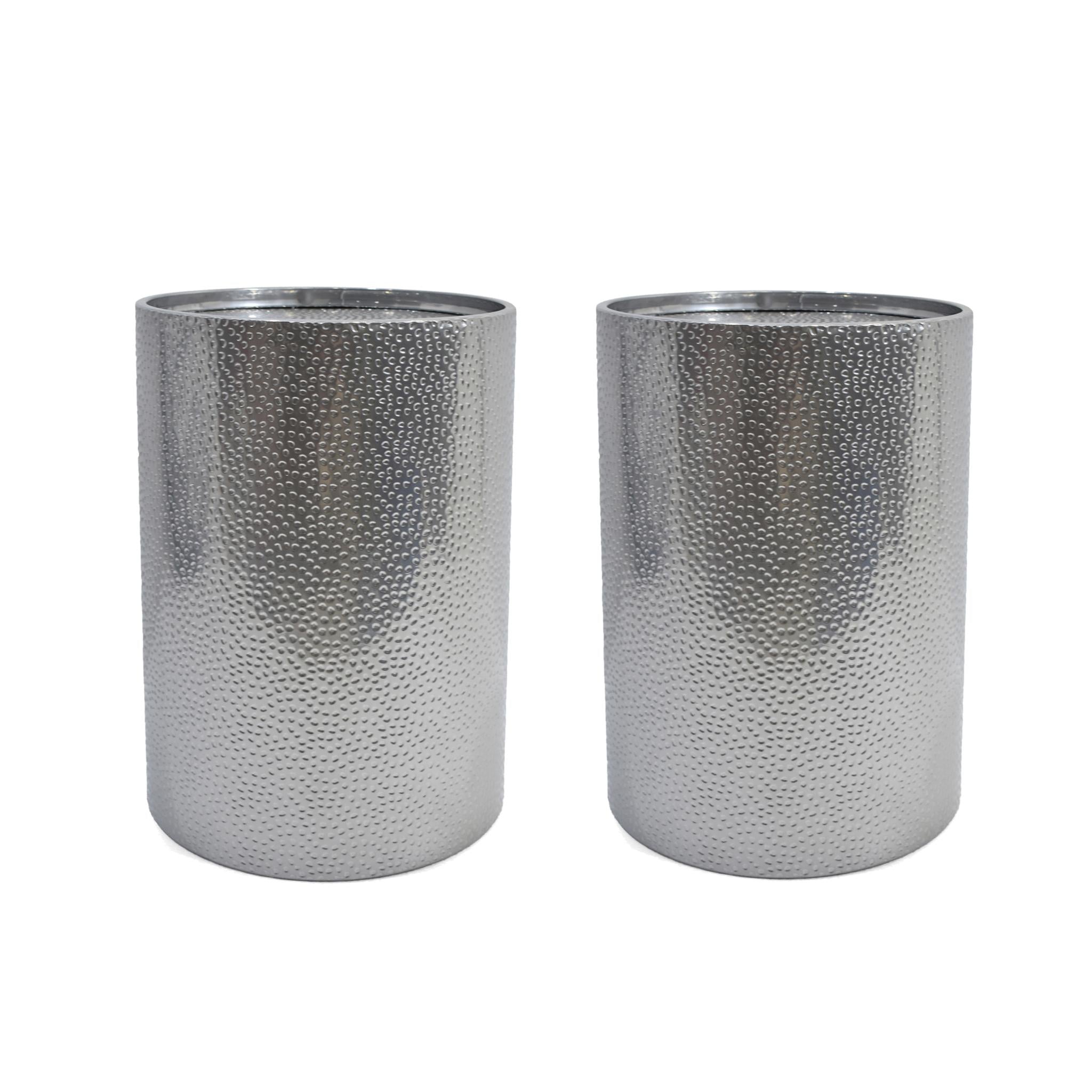 Set of Two Hammered Silver Iron Round Drum End Tables