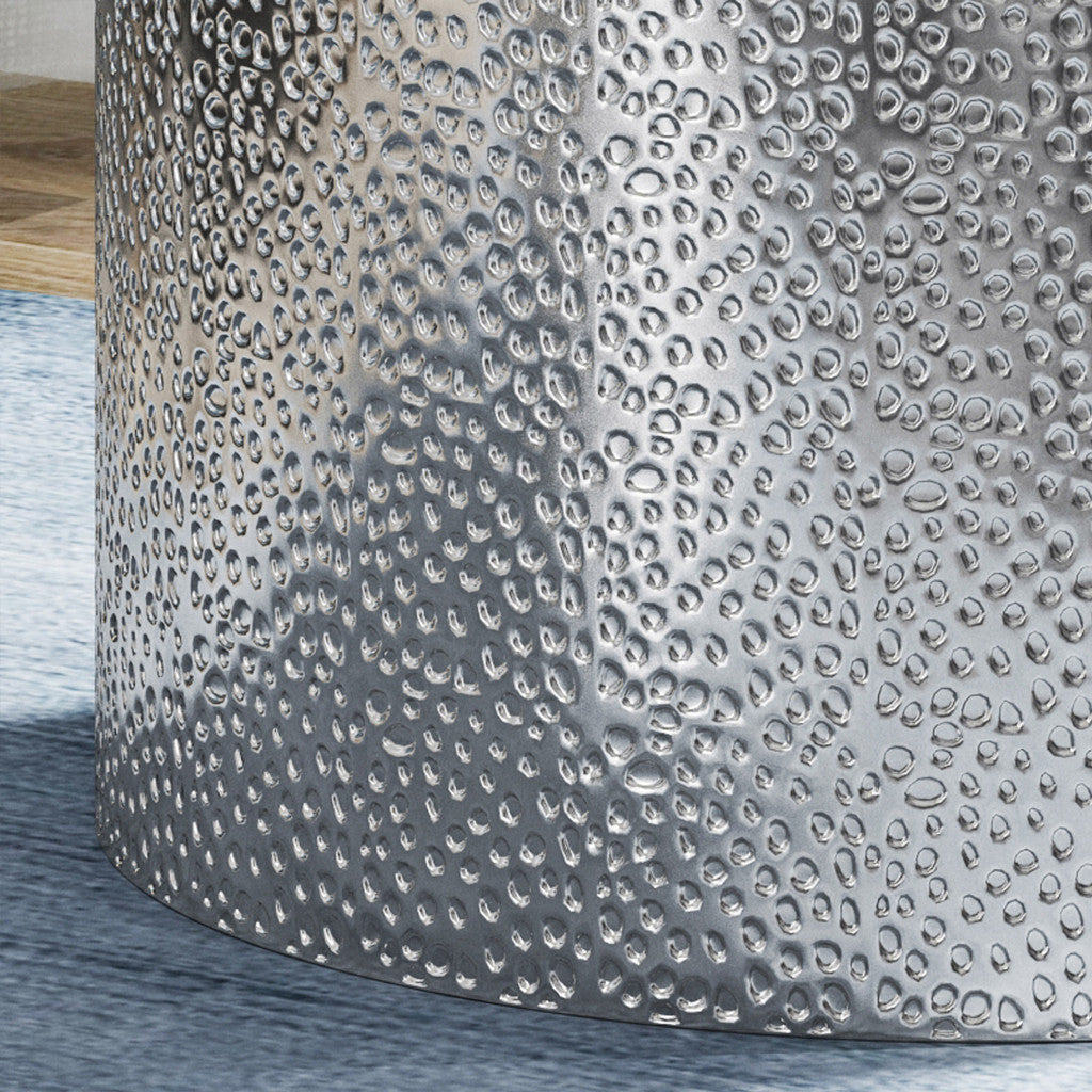 Set of Two Hammered Silver Iron Round Drum End Tables