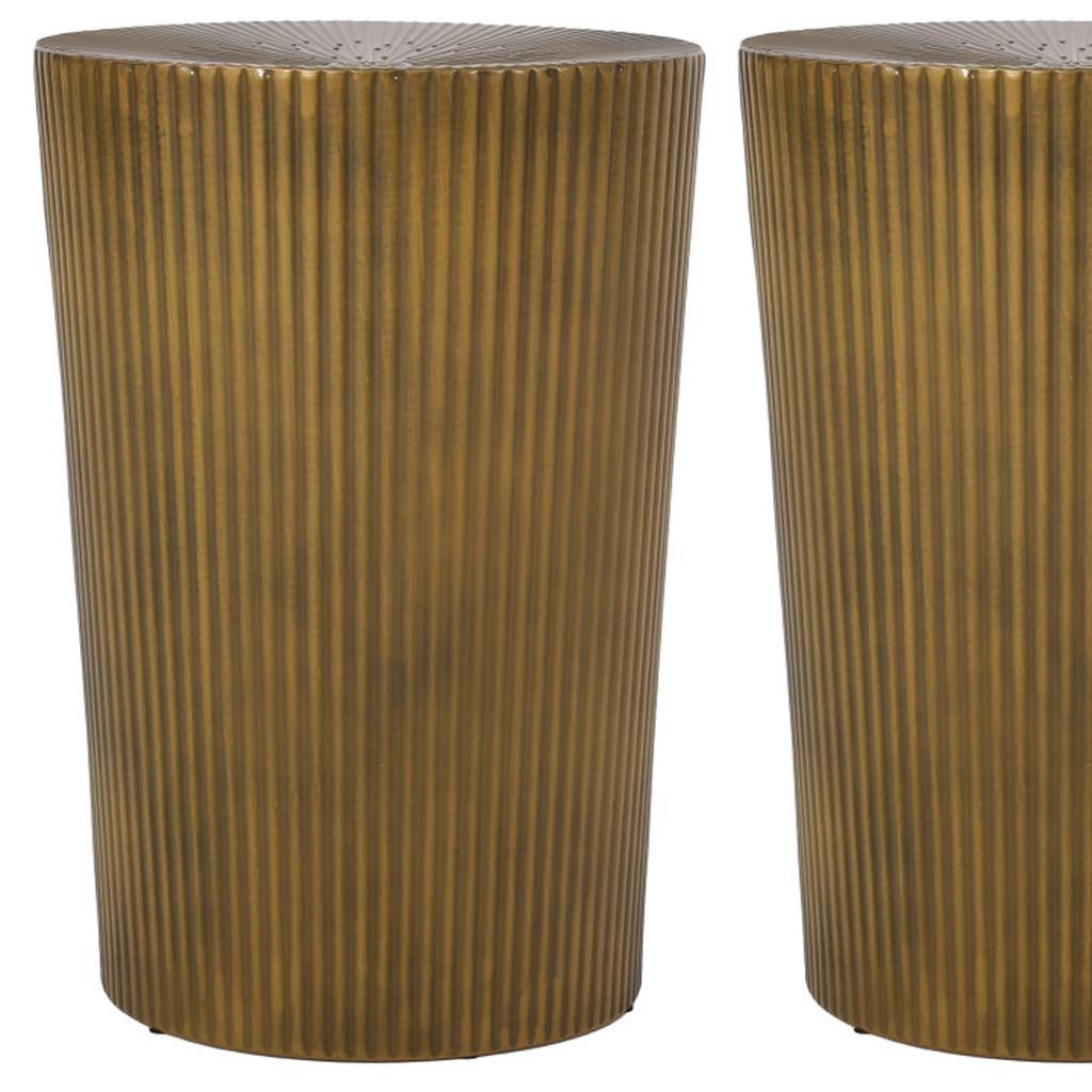 Set of Two Antique Gold Iron Round Drum End Tables