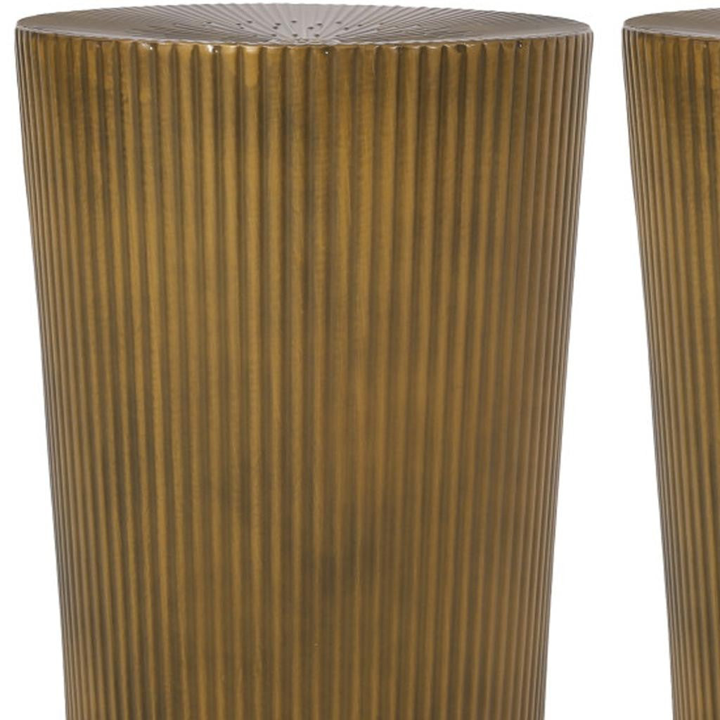 Set of Two Antique Gold Iron Round Drum End Tables