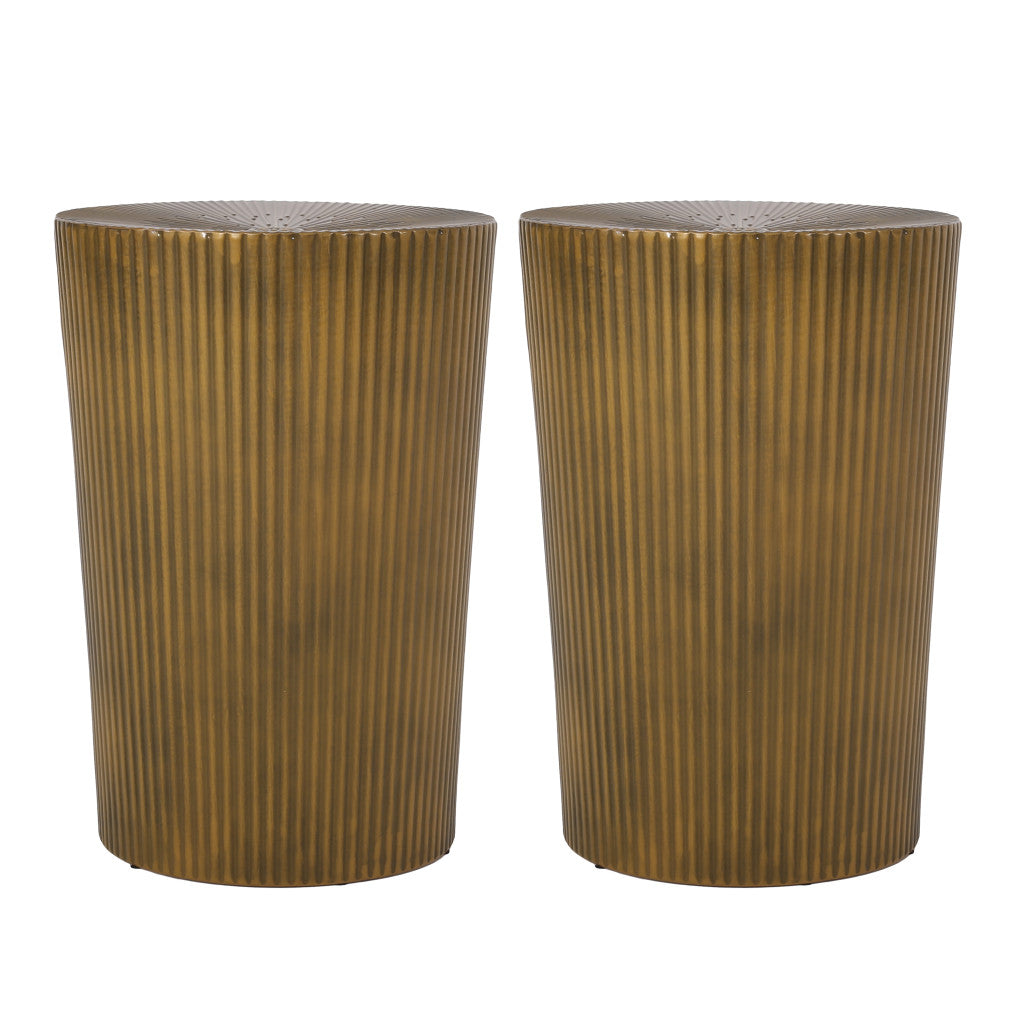 Set of Two Antique Gold Iron Round Drum End Tables