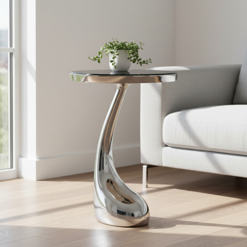 21" Silver And Black Aluminum And Granite Round Abstract End Table