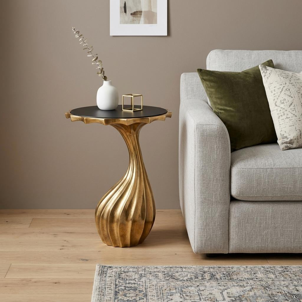 25" Gold And Black Aluminum And Granite Round Abstract End Table