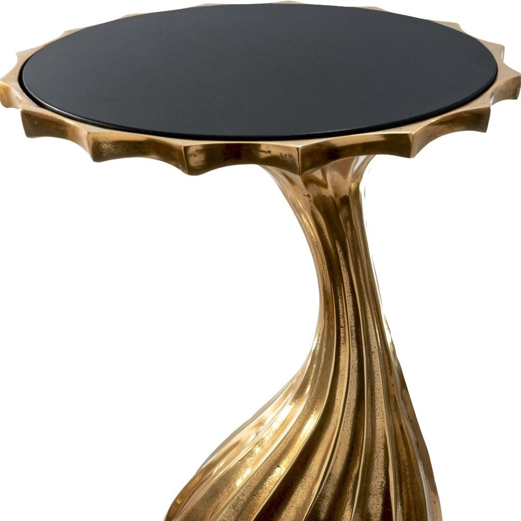 25" Gold And Black Aluminum And Granite Round Abstract End Table