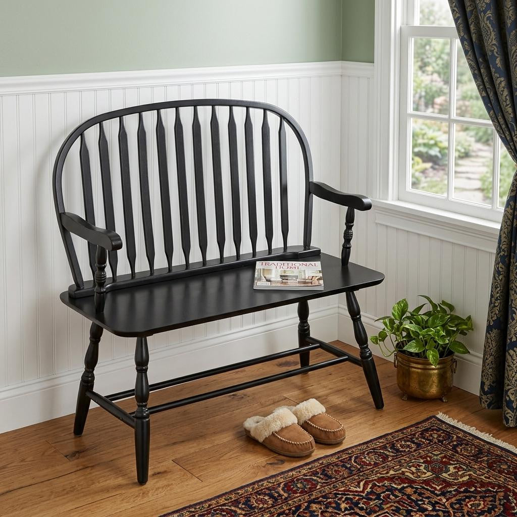 44" Black Wood Windsor Spindle Back Bench