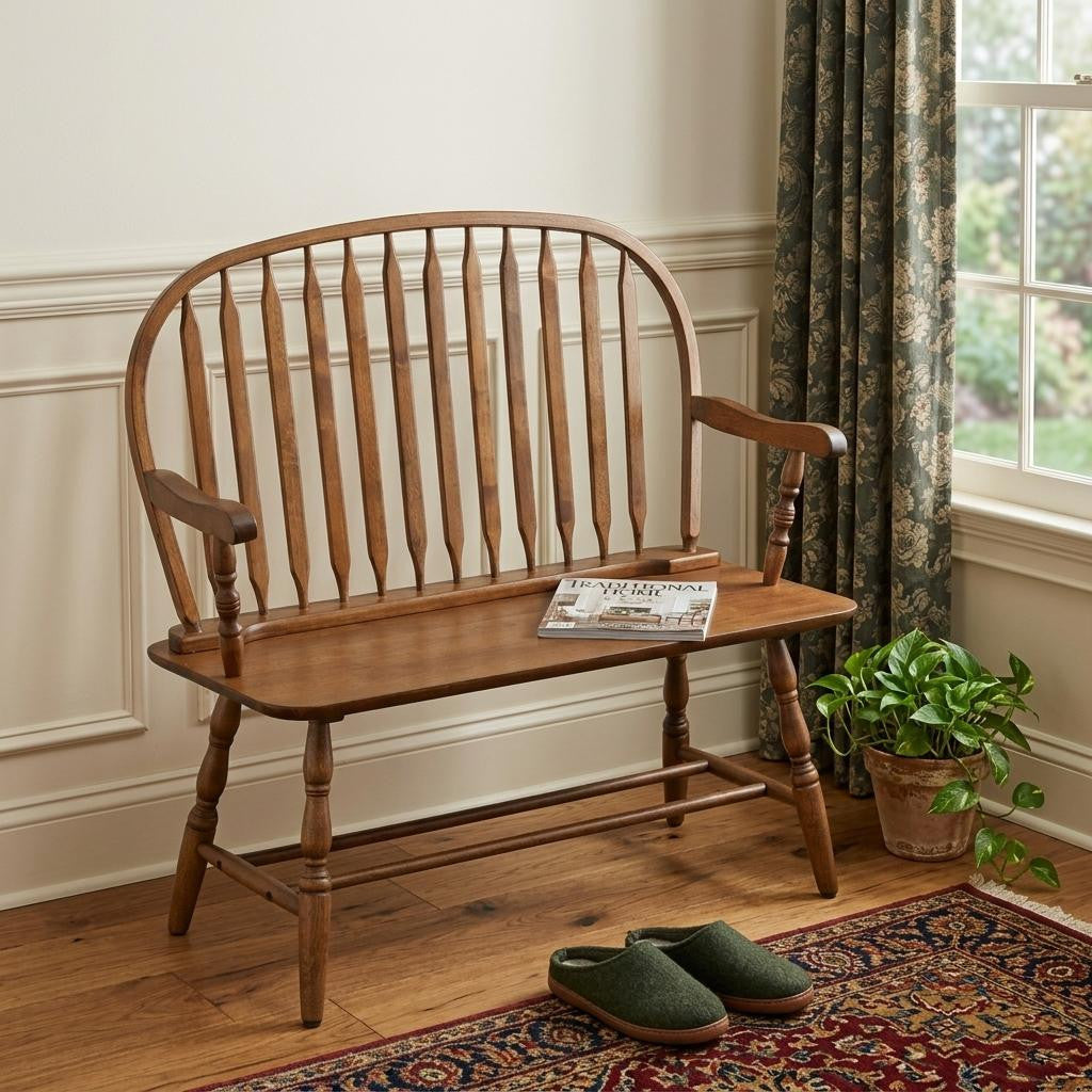 44" Oak Wood Windsor Spindle Back Bench