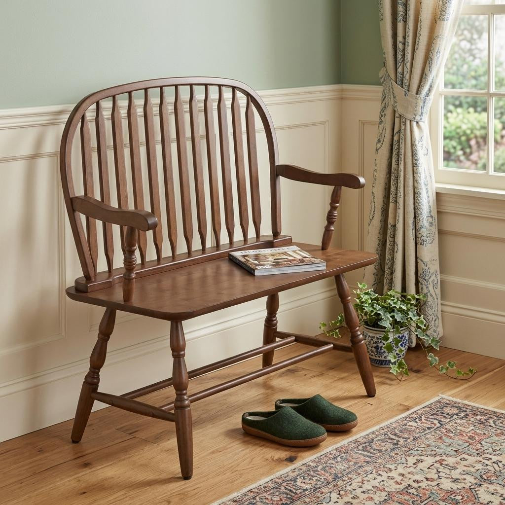 44" Dark Brown Wood Windsor Spindle Back Bench
