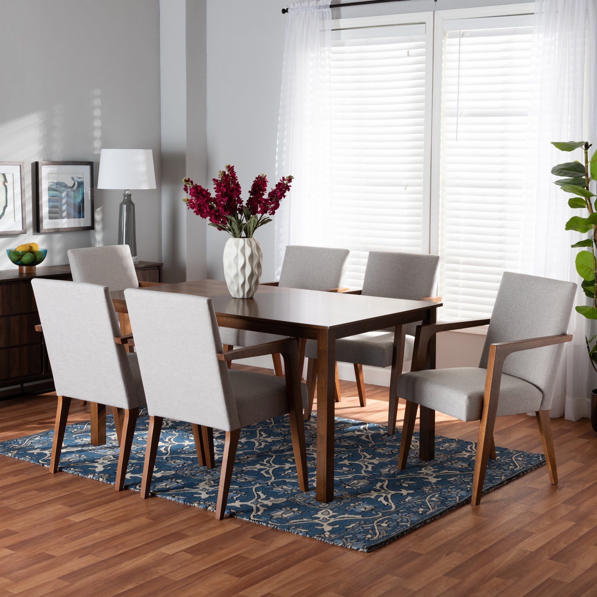Baxton Studio Glenda Mid-Century Modern Greyish Beige Fabric Upholstered and Walnut Brown Finished Wood 7-Piece Dining Set