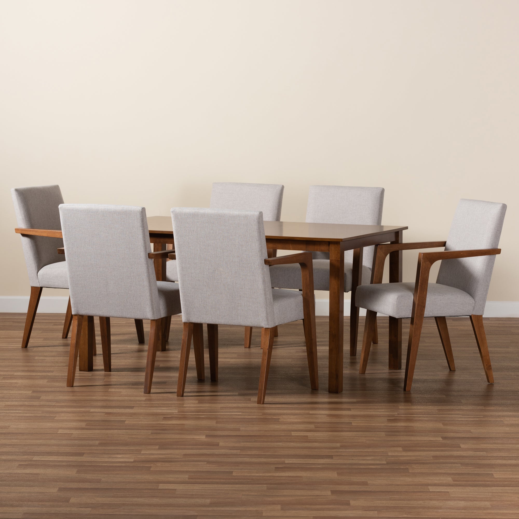 Baxton Studio Glenda Mid-Century Modern Greyish Beige Fabric Upholstered and Walnut Brown Finished Wood 7-Piece Dining Set