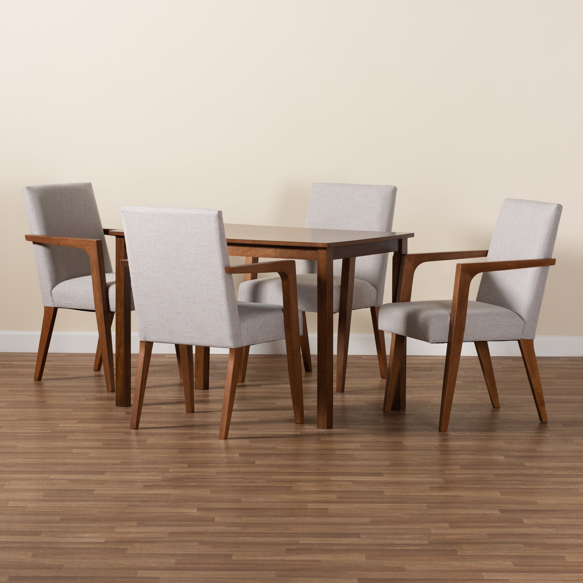 Baxton Studio Glenda Mid-Century Modern Greyish Beige Fabric Upholstered and Walnut Brown Finished Wood 5-Piece Dining Set