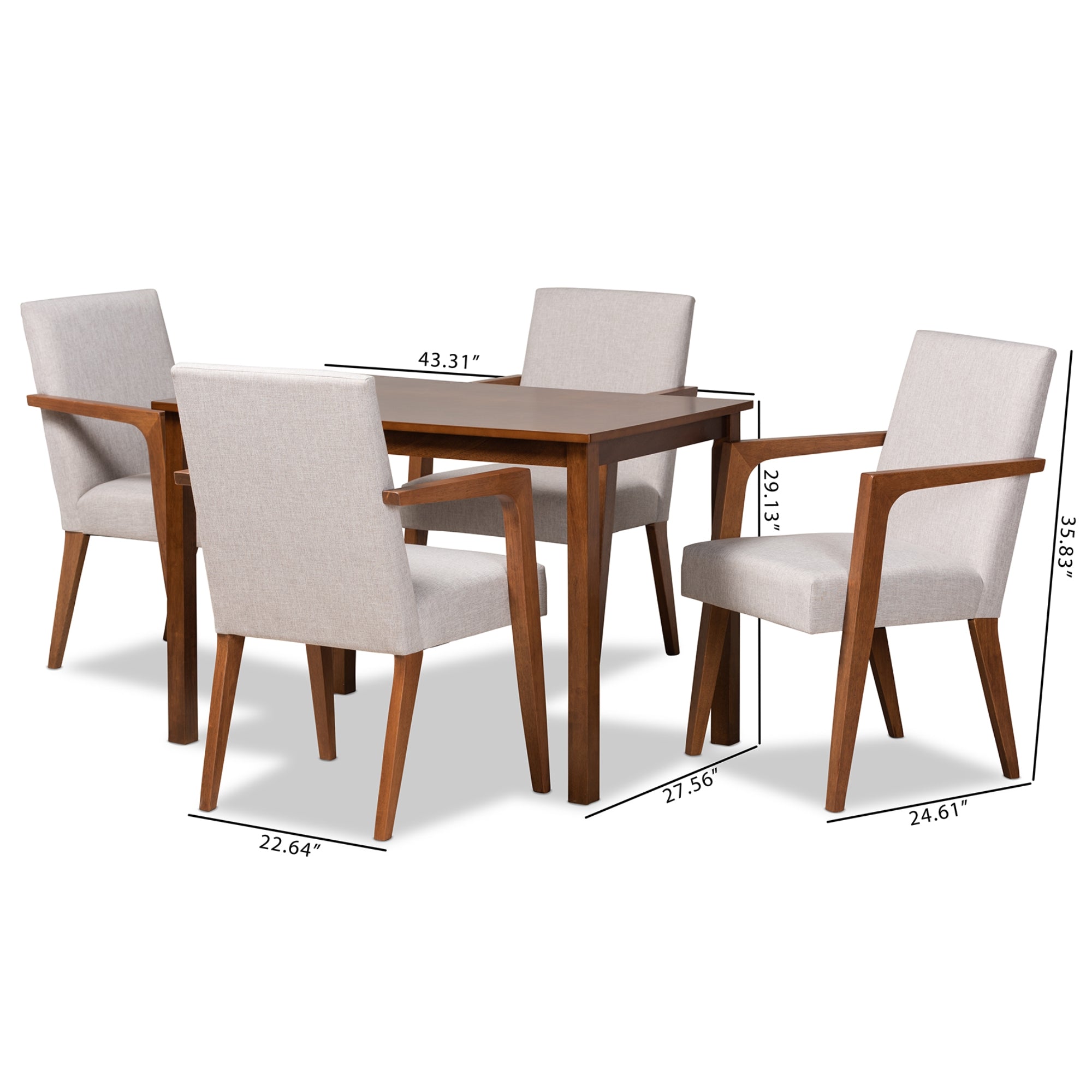 Baxton Studio Glenda Mid-Century Modern Greyish Beige Fabric Upholstered and Walnut Brown Finished Wood 5-Piece Dining Set
