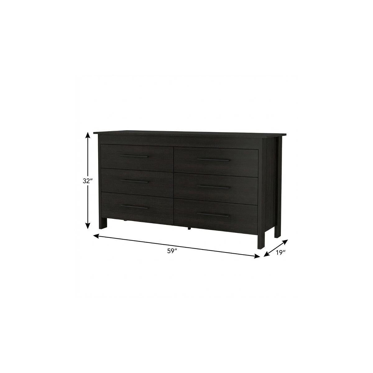 59" Black Wood Six Drawer Double Dresser