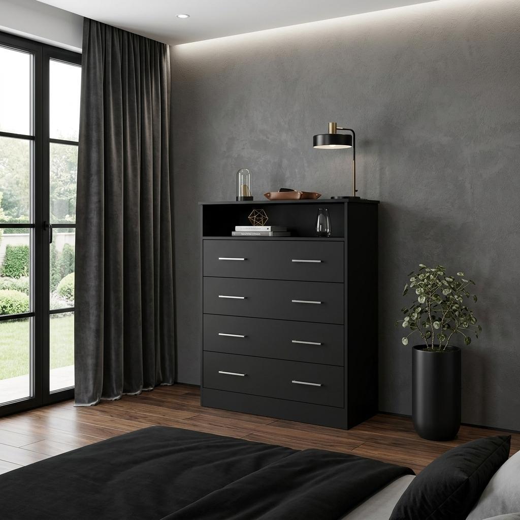 33" Black Wood Four Drawer Dresser