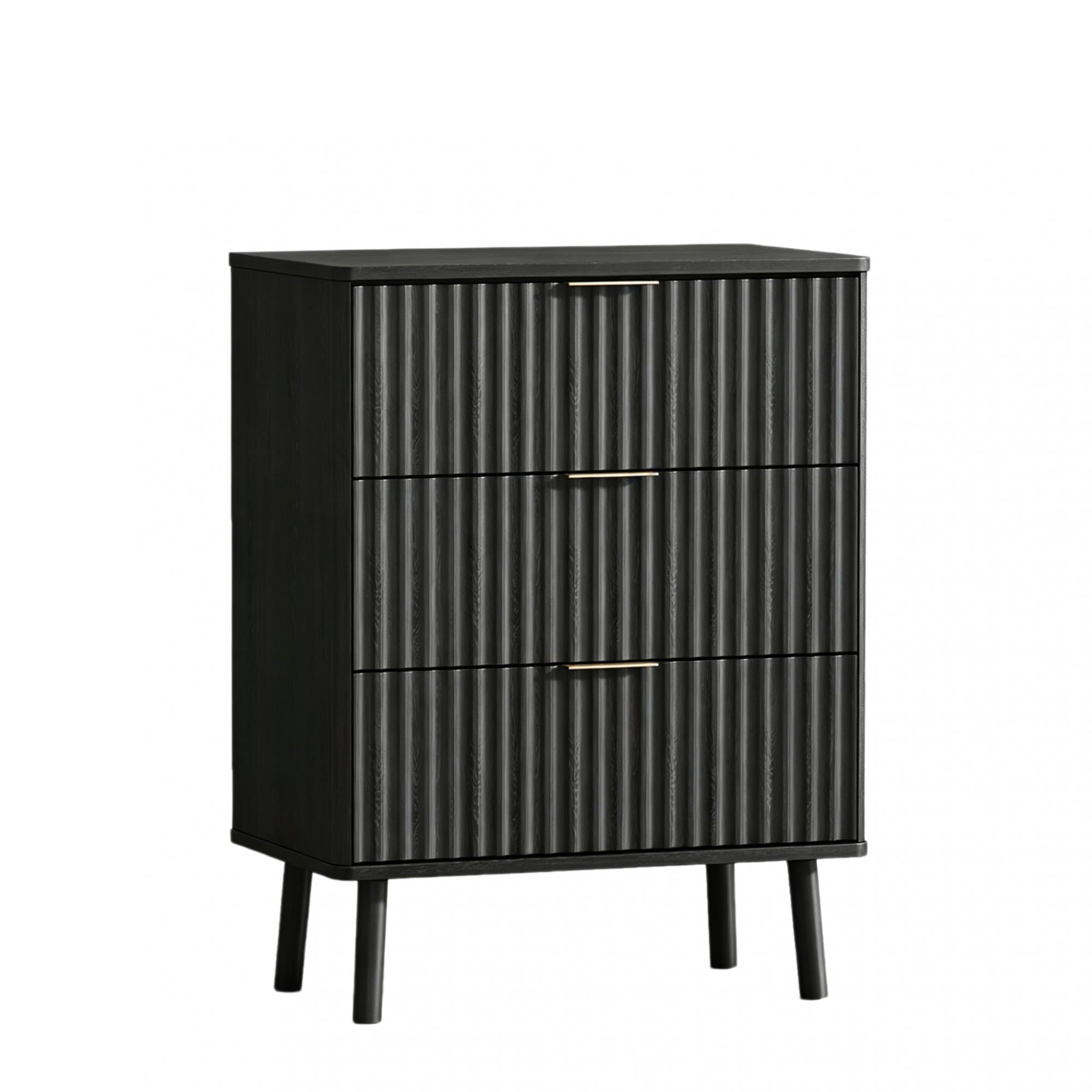 30" Black Wood Ribbed Texture Three Drawer Nightstand with USB Port