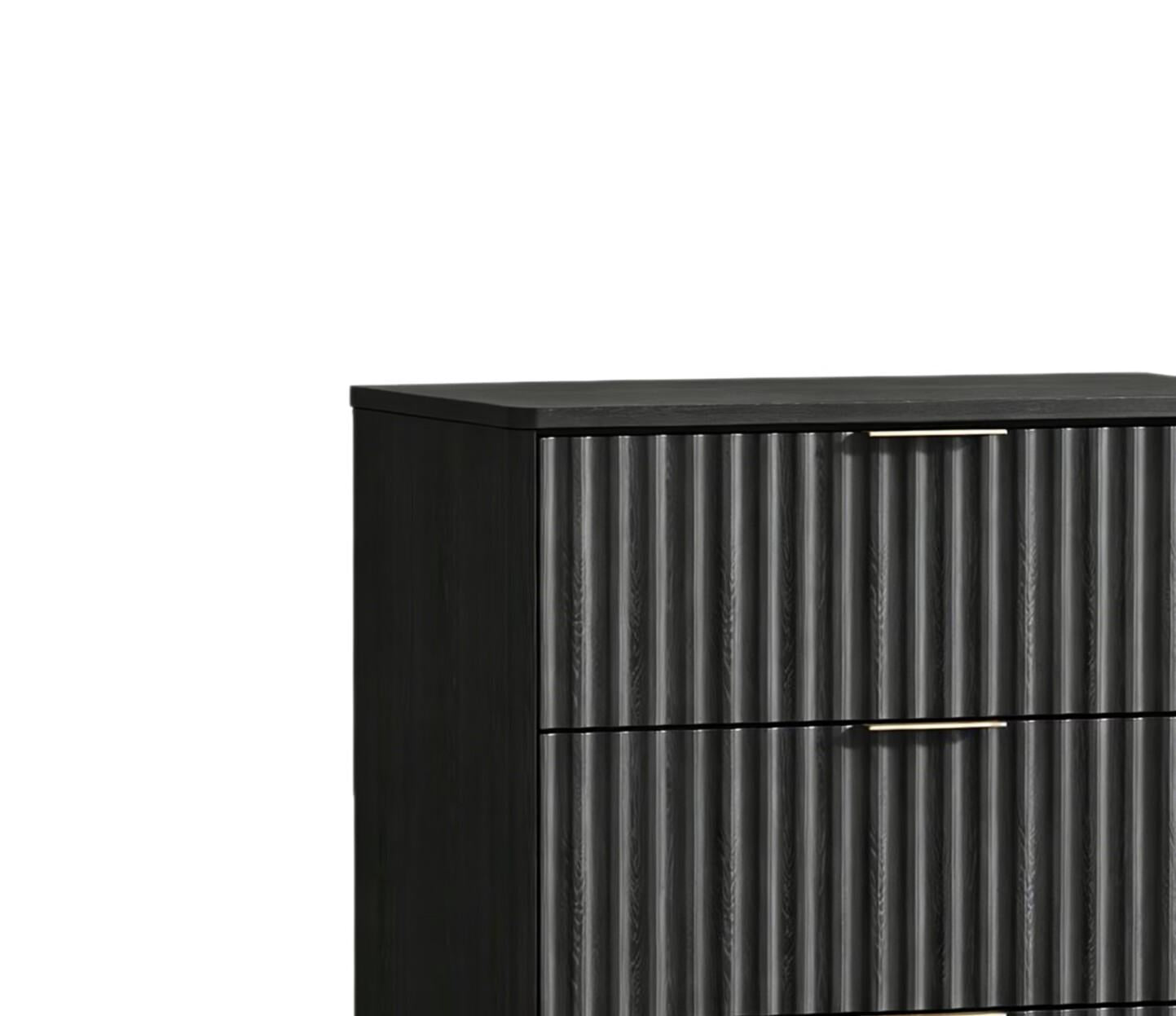 30" Black Wood Ribbed Texture Three Drawer Nightstand with USB Port