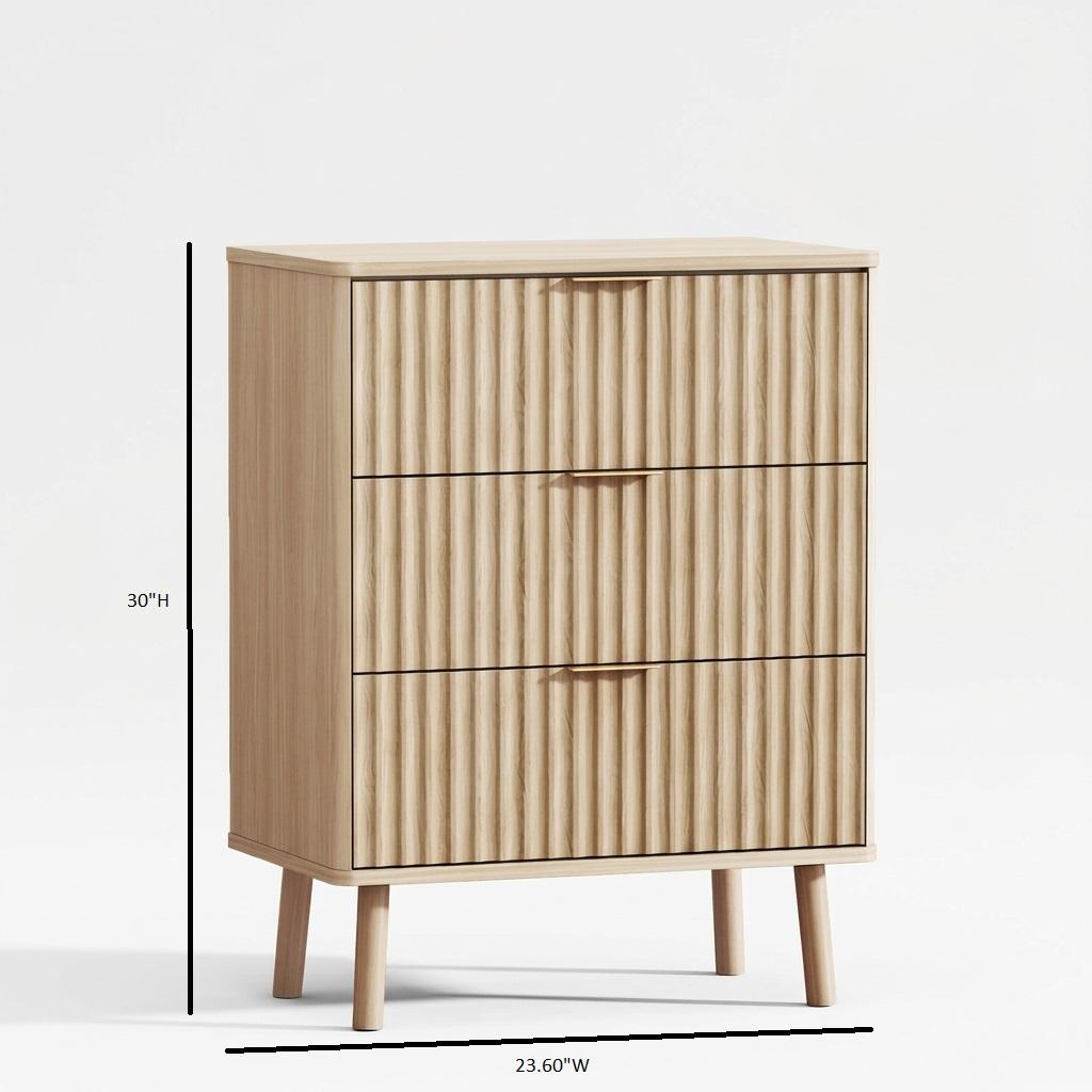 30" Natural Wood Ribbed Texture Three Drawer Nightstand With USB