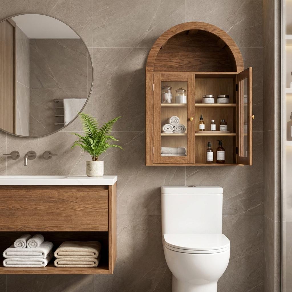 32" Brown Wood Wall Mounted Glass Panel Inlay Four Door Bathroom Cabinet
