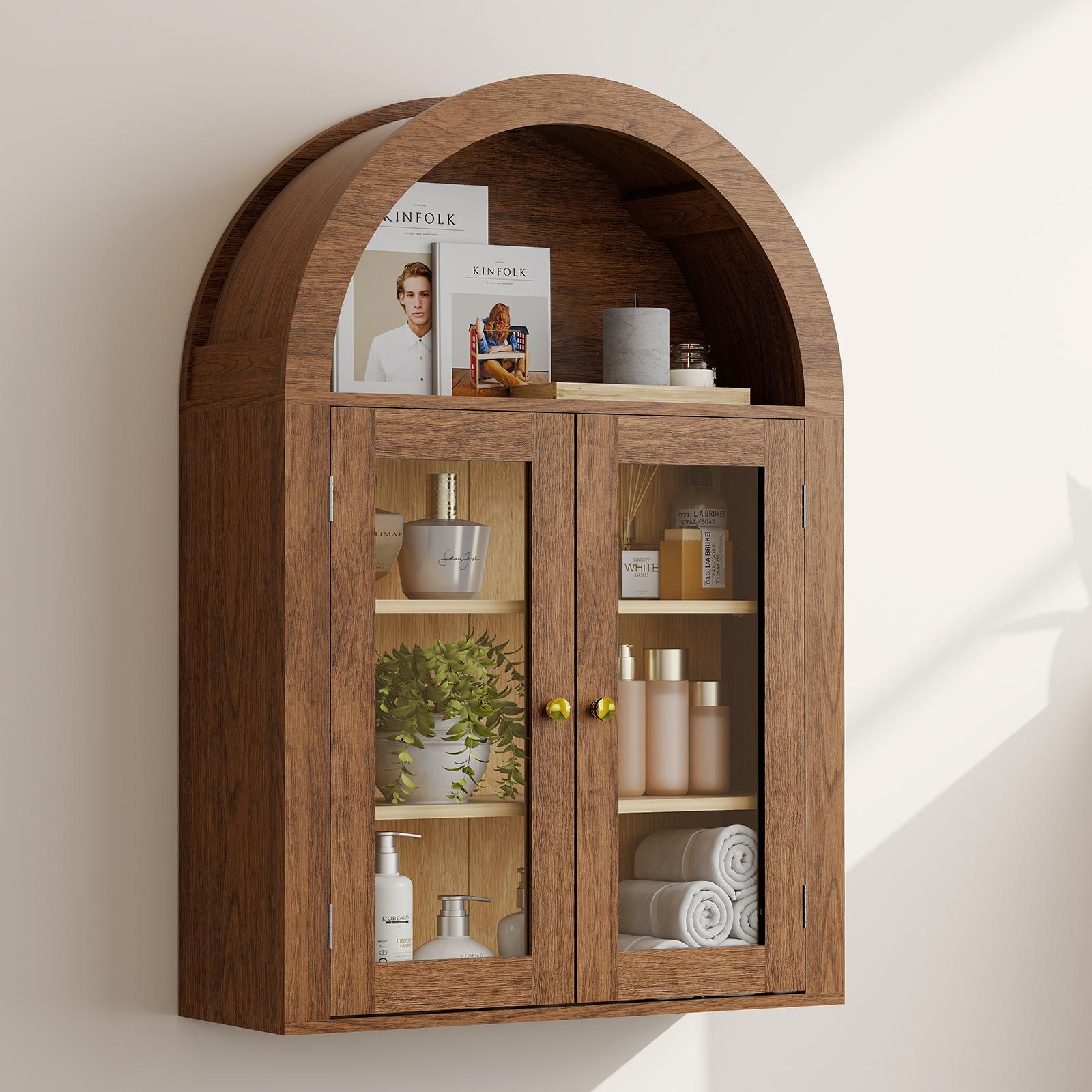 32" Brown Wood Wall Mounted Glass Panel Inlay Four Door Bathroom Cabinet