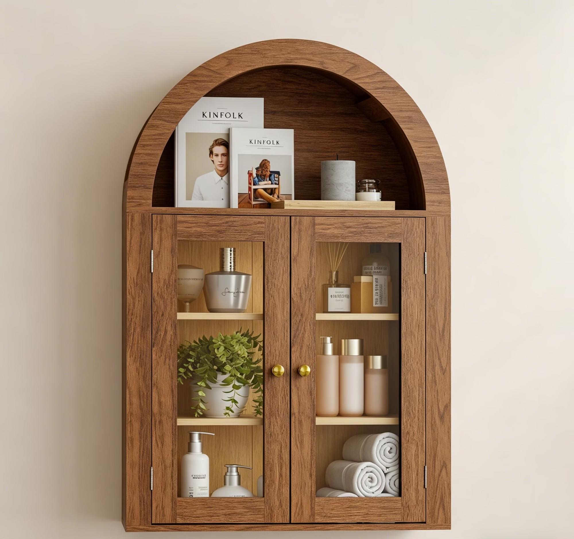 32" Brown Wood Wall Mounted Glass Panel Inlay Four Door Bathroom Cabinet