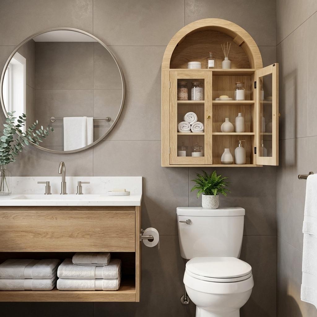 32" Natural Wood Wall Mounted Glass Panel Inlay Four Door Bathroom Cabinet